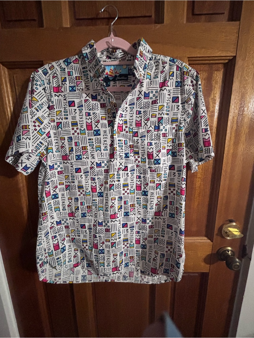 Chubbies White Short-Sleeve Button-Down Shirt with Multicolor Geometric Print